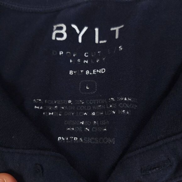 BYLT Drop Cut Long Sleeve Henley Premium Athletic Tee Shirt Navy Blue Mens Large - Picture 2 of 7